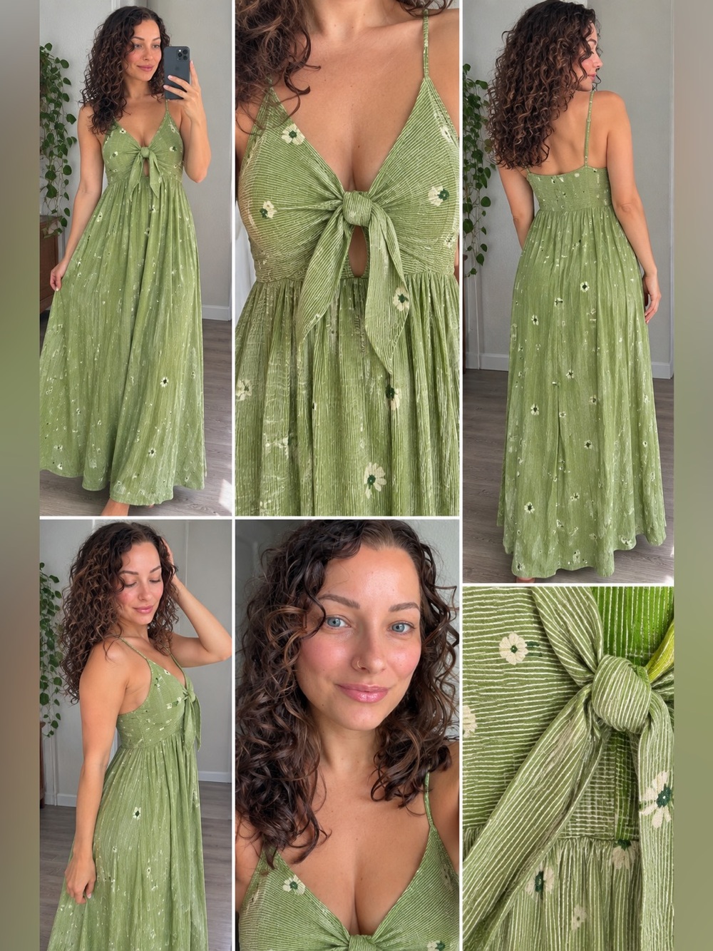 Boutique Sage Green Floral Tie Front Maxi Dress XS Boho Cottagecore